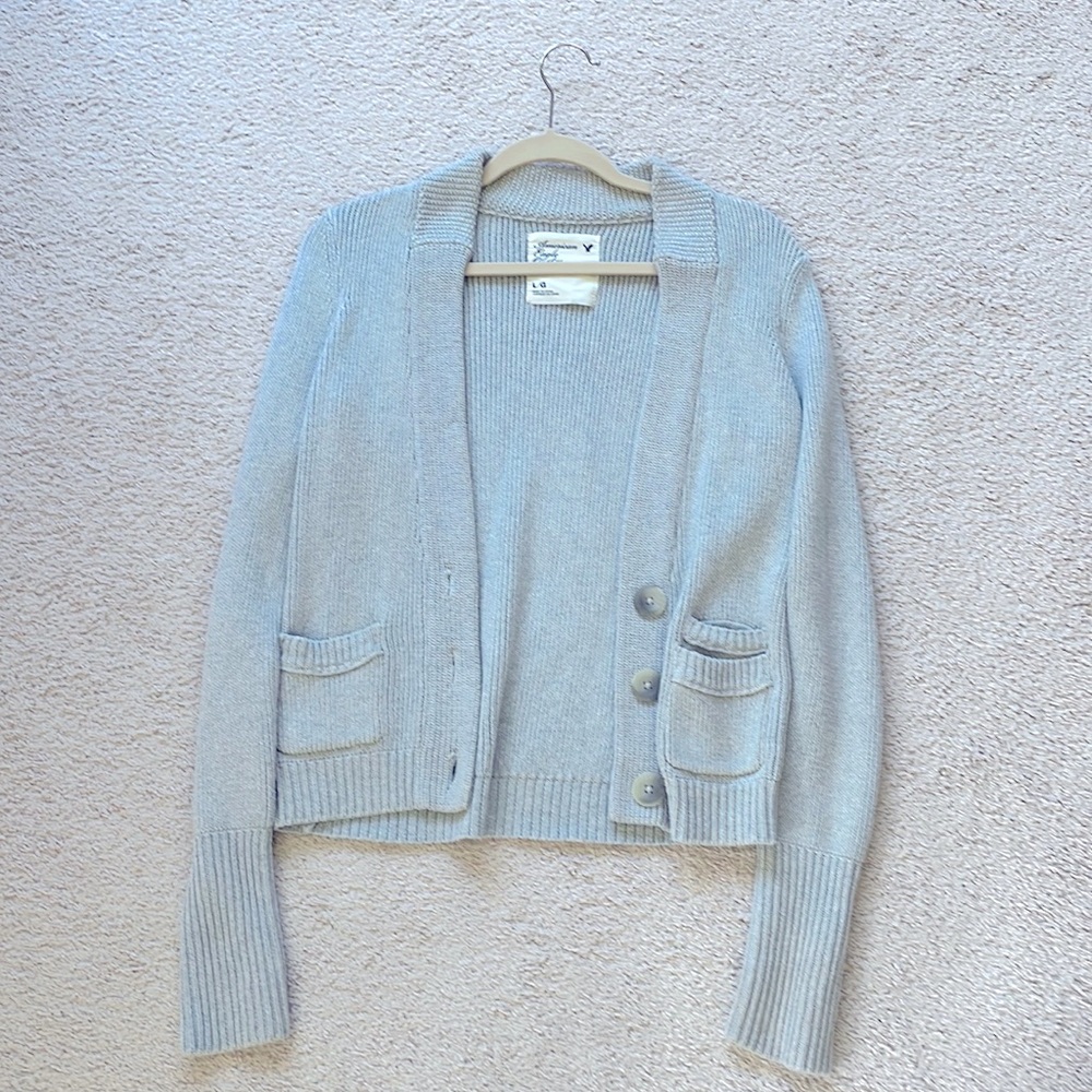 Gray American eagle quarter button sweater